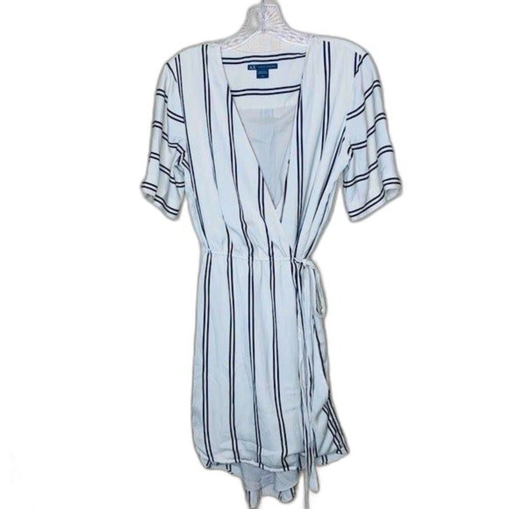 Armani AX Wrap Dress Small Cream Navy Striped Short Sleeve Adjustable Waist - Picture 2 of 4
